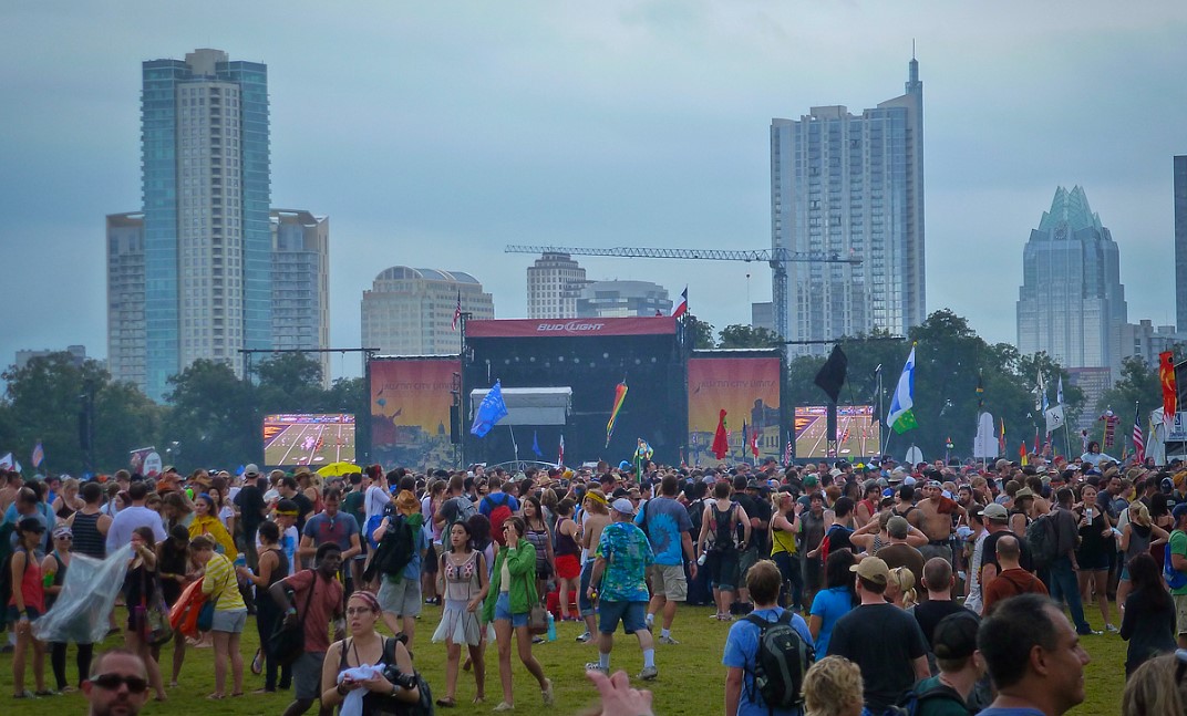 Bud Light stage with the Austin skyline in the background at the Austin City Limits festival