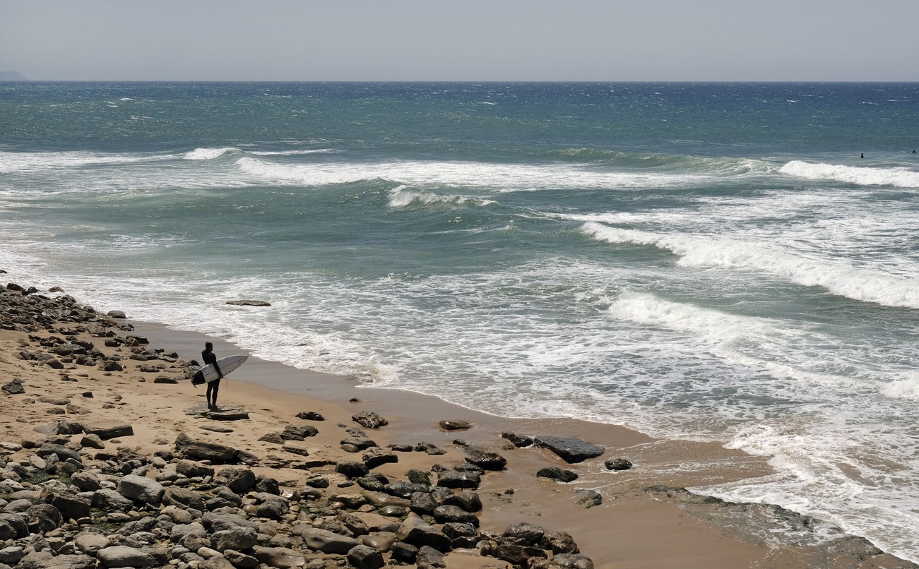 Surfer with his surfboard standing at the beach
