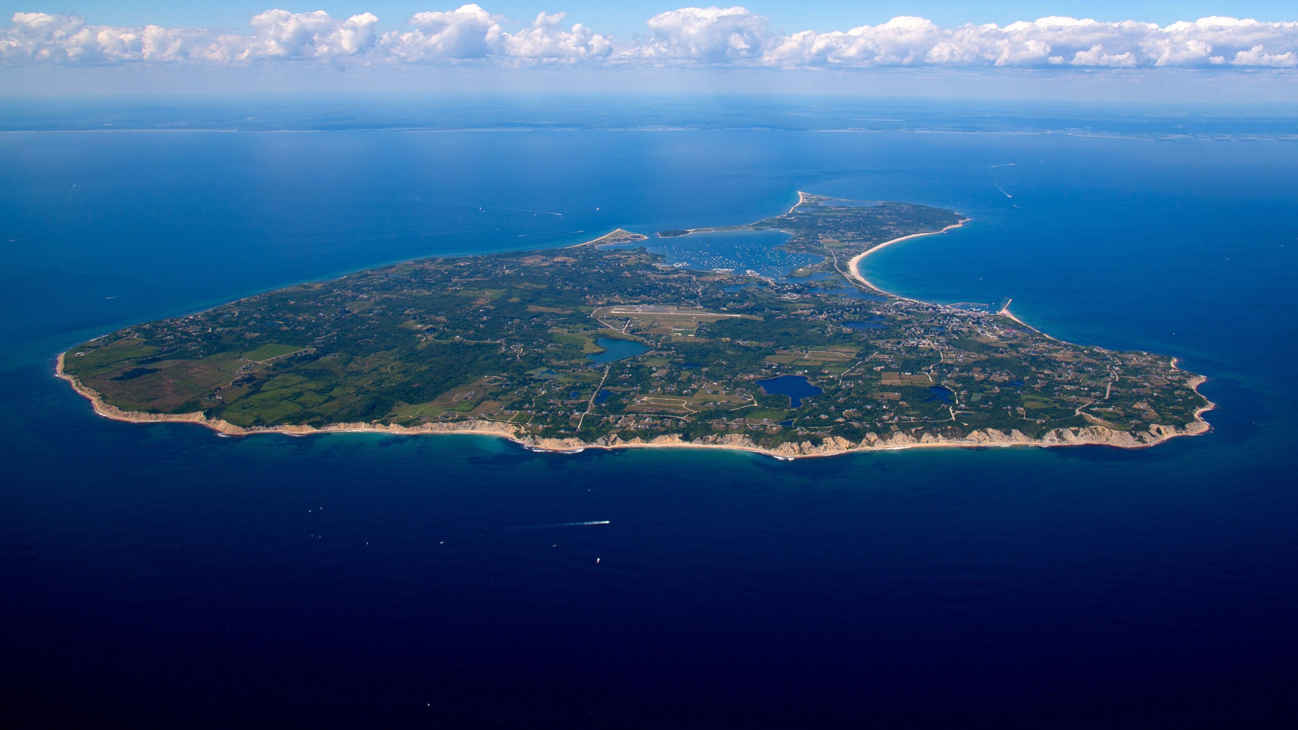 aerial view of Block Island with Rhode Island Coastline