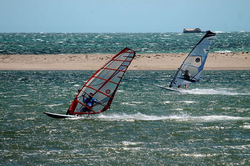 Two people windsurfing