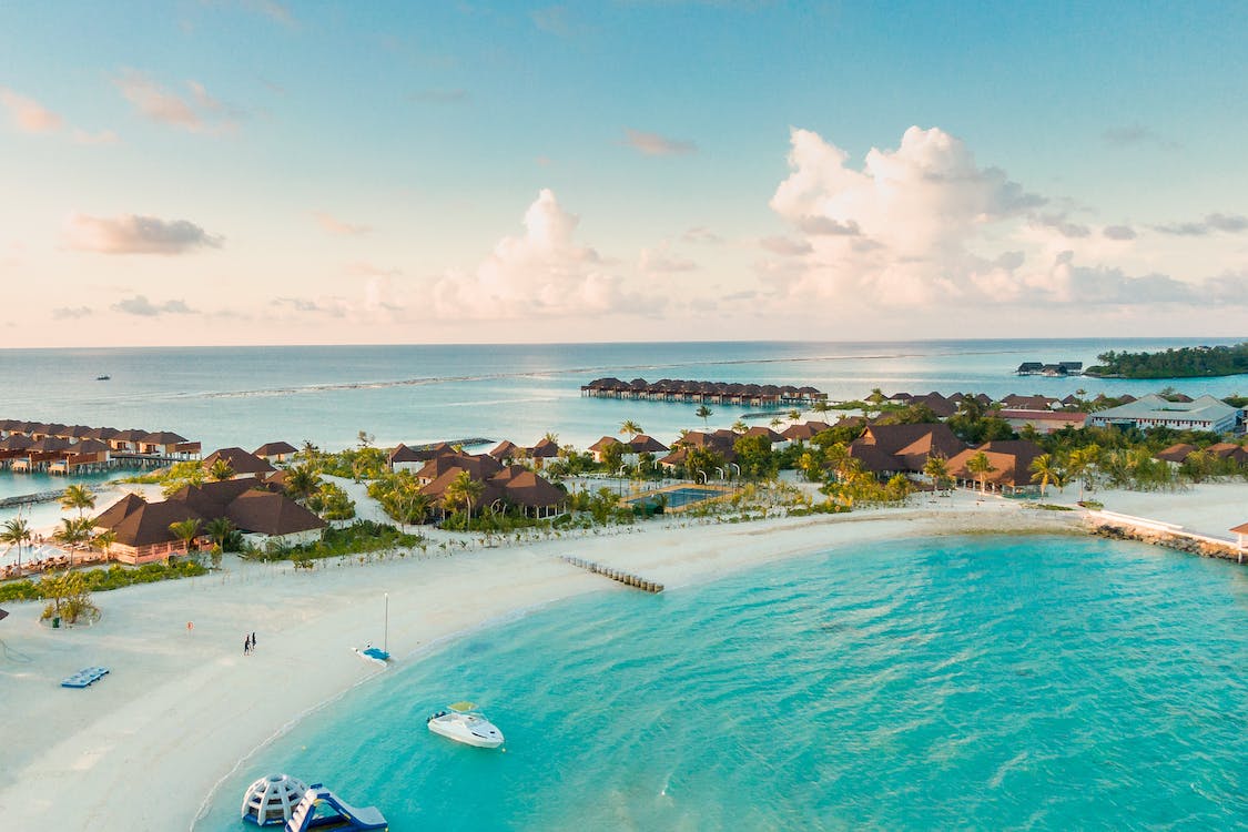 aerial shot of a resort in Maldives